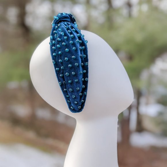 Deep Teal Beaded Knot Velvet Headband Teal Faceted Beads Handmade Knotted Winter